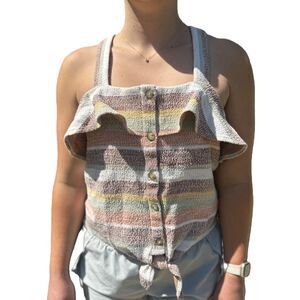 MADEWELL -Texture & Thread Ruffle tie-front tank in Stripe (maple syrup)- Size L